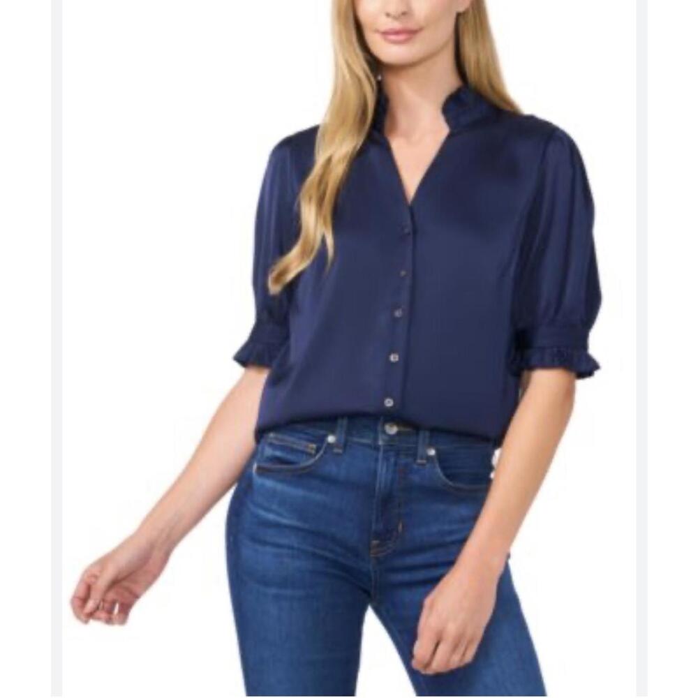 Democracy Navy Blue Ruffle Trim Elbow-Sleeve Button-Up Dot Print Blouse size M